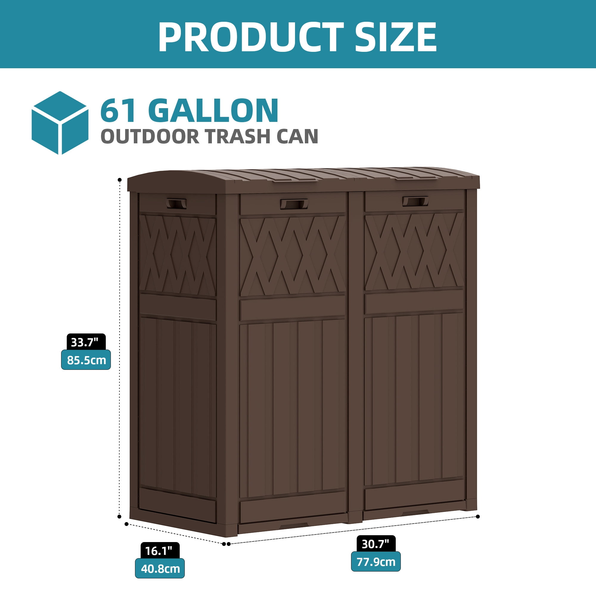 Uforic Double Compartment Outdoor Trash Can, 62 Gallon Waterproof Resin Garbage Bin with Tiered Lid and Drip Tray for Patio Deck Backyard, Dark Brown