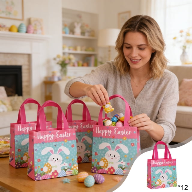 Decoraciones de Pascua, adornos de Pascua, regalos de Pascua. 12 bolsas de regalo de Pascua con estampado de conejitos y huevos de Pascua. Bolsas de decoración navideña. Disponibles en 5 estilos. Cest