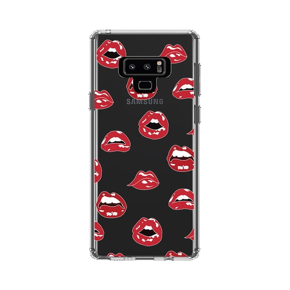 DistinctInk Clear Shockproof Hybrid Case for Samsung Galaxy Note 9 - TPU Bumper, Acrylic Back, Tempered Glass Screen Protector - Red Lips
