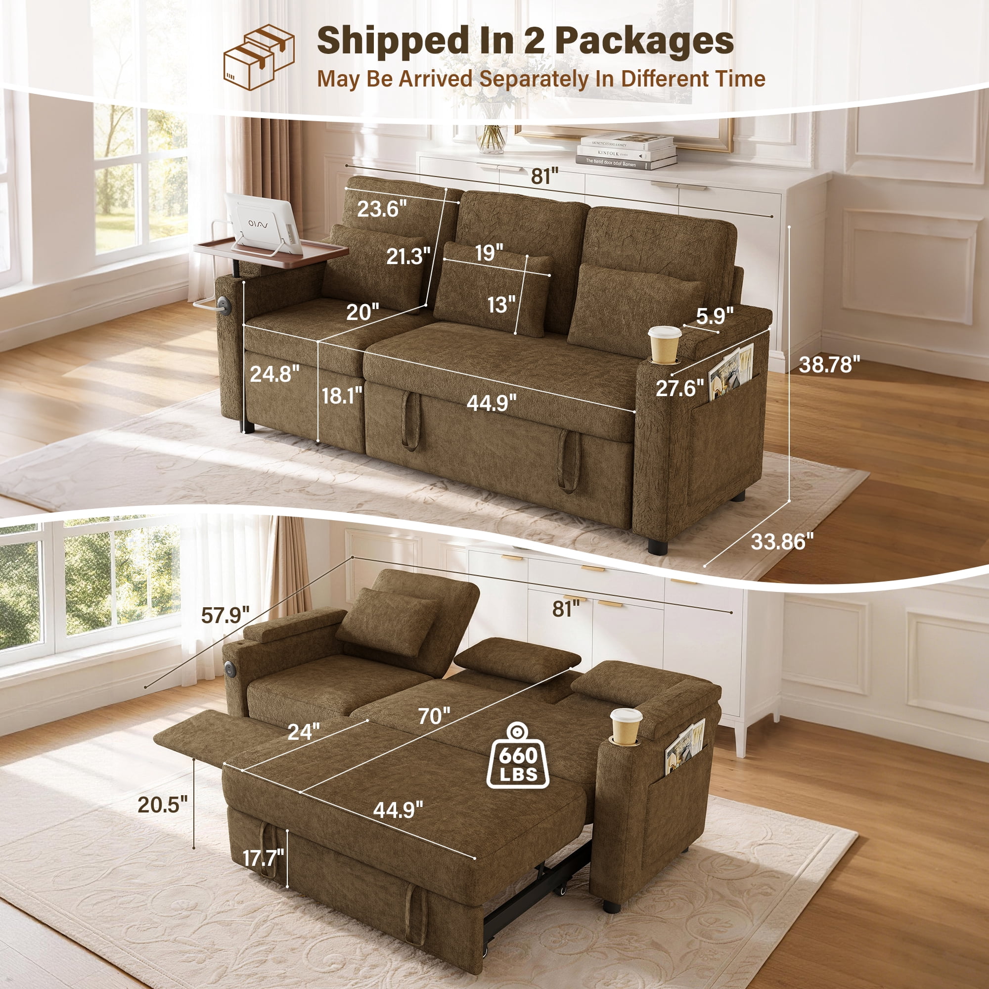 Aukfa 81" Convertible Sleeper Sofa,Chenille 3-in-1 Sofa Bed with Recliner,Center Table,USB Ports & Storage Armrests,Khaki