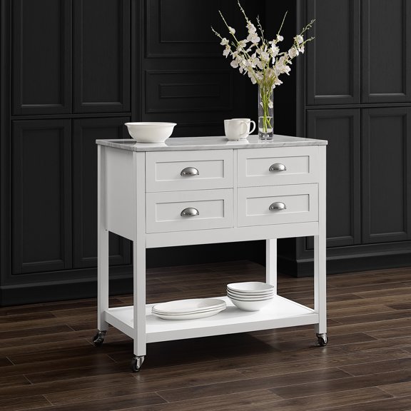 Kitchen Island Cart with Storage & Countertop - Portable Kitchen Furniture - Modern Design - White Finish
