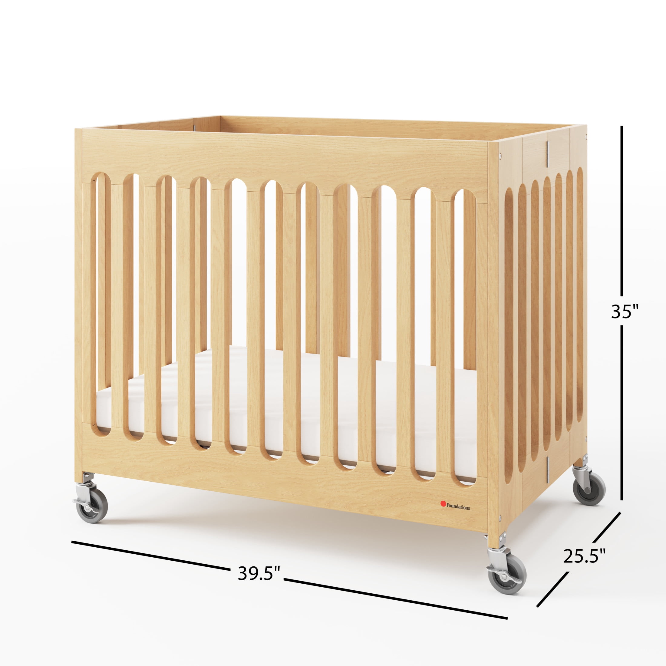 Foundations Boutique Folding Hotel Crib and Sheet Bundle - Includes Wooden Mini Crib with 3" Foam Mattress (Natural) and 6-Pack White Fitted Compact Crib Sheets