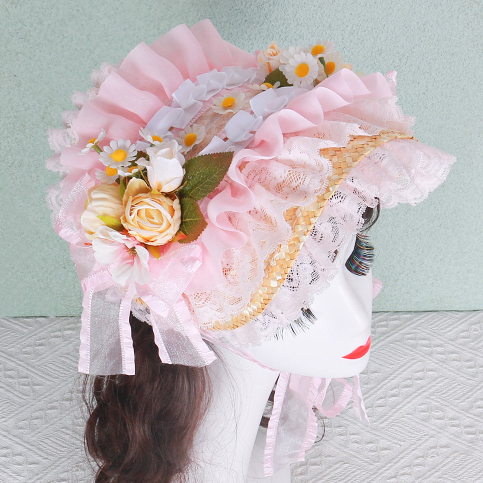Breathable Straw Bonnet Hat Comfortable Victorian Theme Fascinator Hat With Lace Trim and Flower For Cosplay Gatherings
