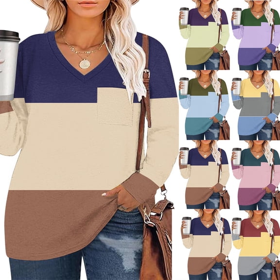 Agkizg Womens Fall Clothing Plus Size Womens Tops Long Sleeve Blouses Solid Color V-Neck Long Sleeve Pullover T-Shirt with Pocket for Daily Fall Winter Outfits XXXXXL