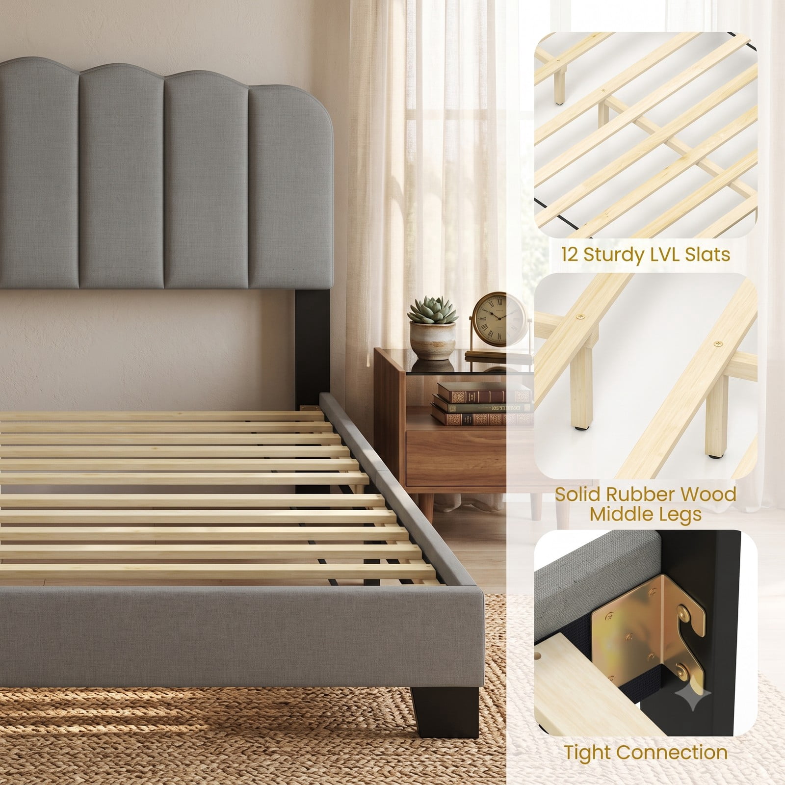 Furnibear Queen Size Bed Frame, Upholstered Platform Bed Frame with Adjustable Scalloped Headboard and LVL Slat Support, Queen Bed No Box Spring, Gray