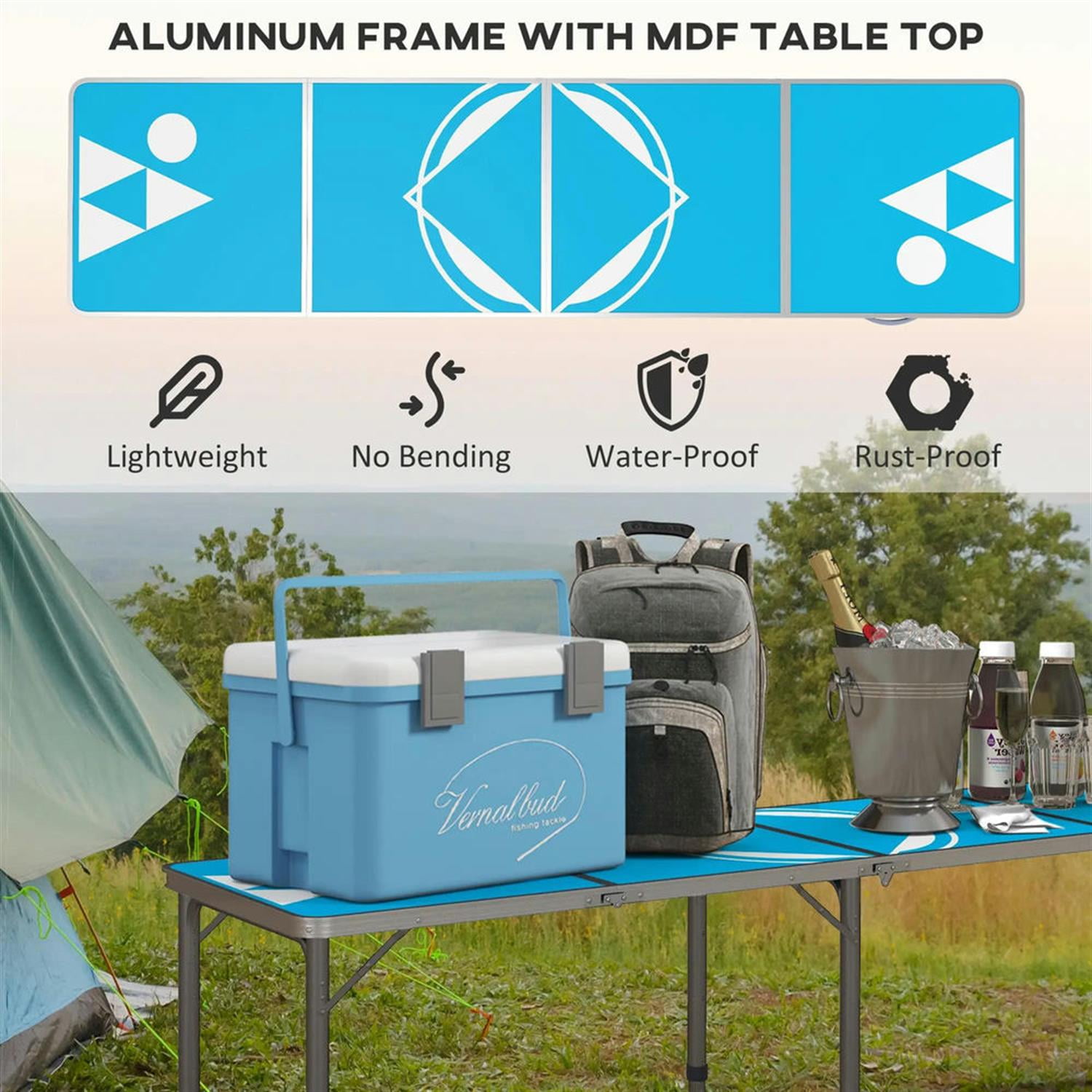 Demi Bonn Outdoor Aluminum Folding Table with Adjustable Legs, 8ft Picnic Table for BBQ, Beach, Hiking, Blue