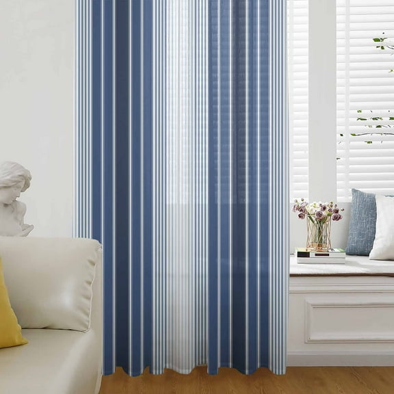 Navy Blue Ombre Stripe Semi Sheer Curtains Drapes for Living Room, Bedroom, French Doors Window 96 Inches Long, Farmhouse Simple Striped Rod Pocket Chiffon Curtain Drapery Voile Draperies Panel