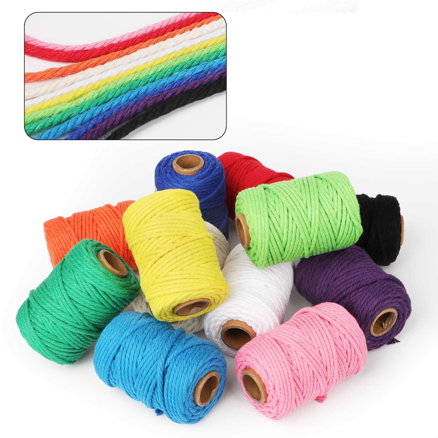 HULISEN Macrame Cord, 3mm Natural Cotton Twine, 12 Rolls 4 Strand Colored Macrame String