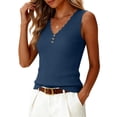 thumbnail image 6 of Stichou Womens 2026 Summer V Neck Tank Tops Henley Button Spring Summer Sleeveless Lace Trim Ribbed Knit Casual Going Out Cami Shirts Blue M, 6 of 6