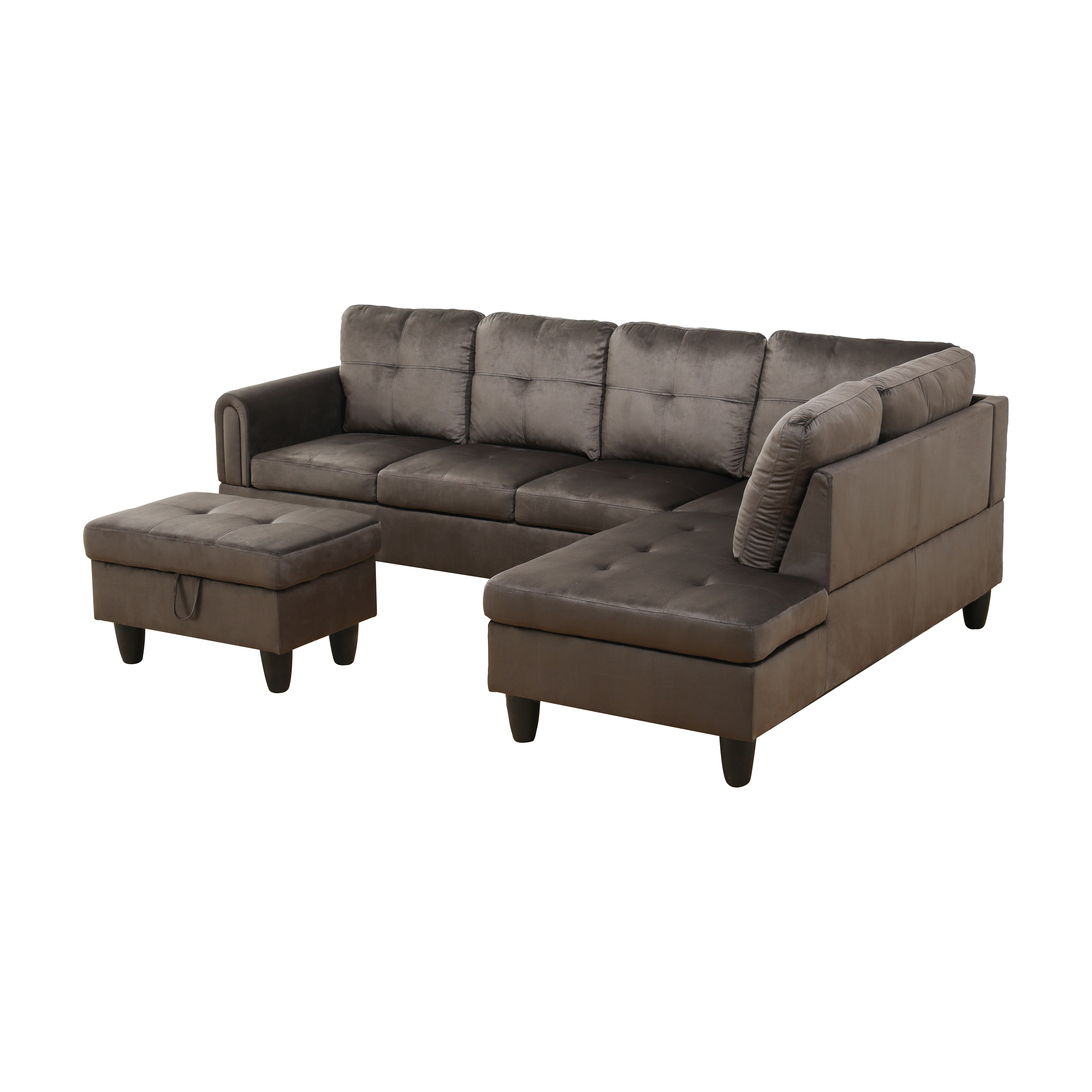 MAYEERTY 97" Flannel Sectional Sofa, 3-Piece Couch Living Room Sofa Set with Ottoman, Dark Brown (Right)