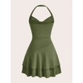 thumbnail image 2 of Army Green Womens Slim Fit Ruched Halter Mini Dress With Tiered Skirt, 2 of 4