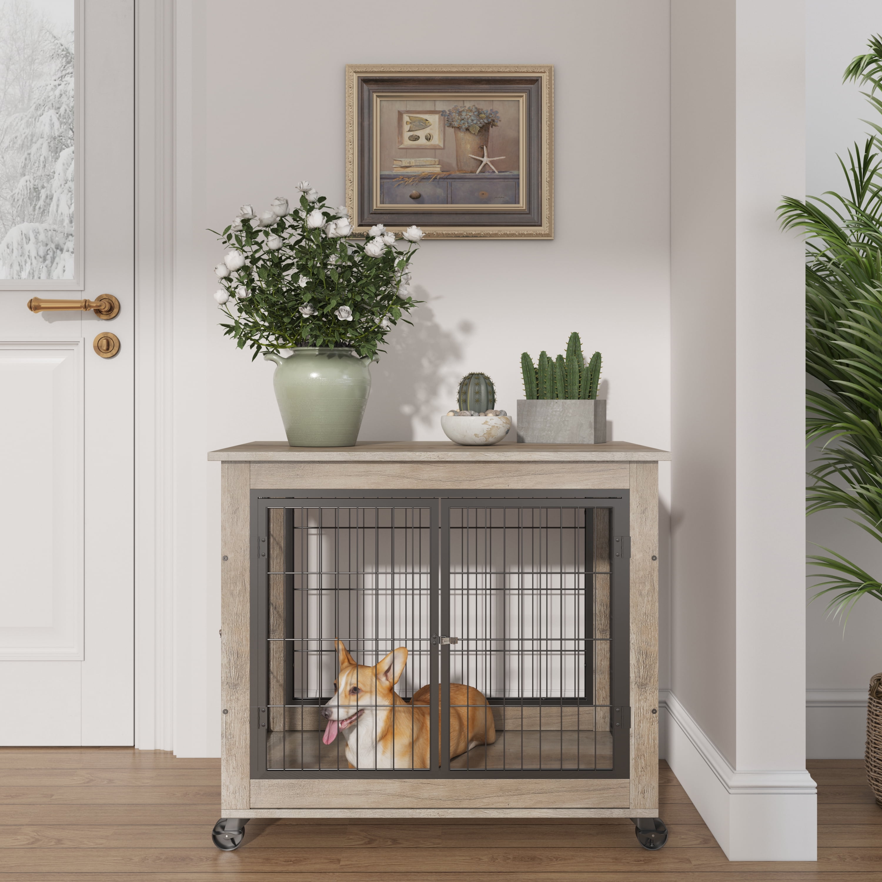 Syngar Dog Crate on Wheels, Wooden Dog Cage with Lockable Double Doors and Lift Top, Modern Home 2-in-1 Dog House End Table Furniture, Dog House for Small Sized Dogs, Gray, 31.5"L