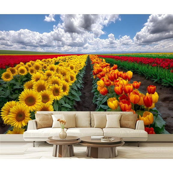 Wall Mural Peel and Stick Vibrant Sunflower Tulip Fields under Dramatic Cloudy Sky Self-Adhesive Wallpaper Removable Wall Decal Wall Sticker Home Decor for Living Room Bedroom 100"x144"