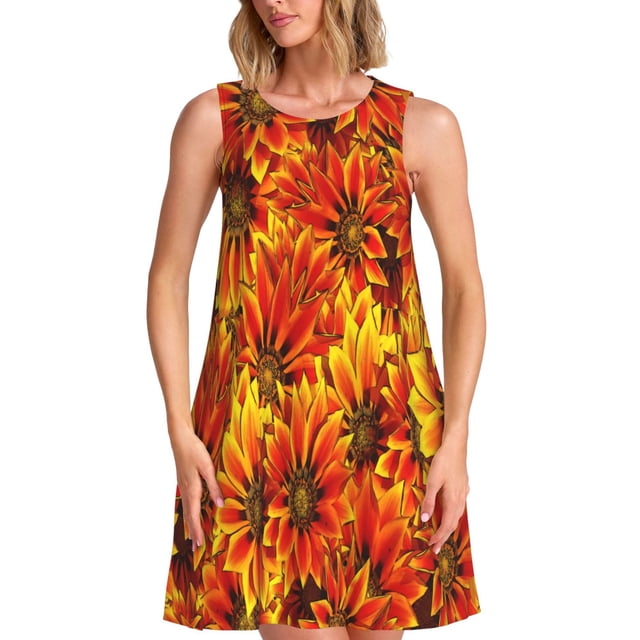 Vsdgher Robes d'Été Imprimé Tournesol4 pour Femmes Robe de Plage Décontractée Col en U Sans Manches Robe d'Été Ample avec Poche