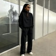 thumbnail image 2 of Women's 2 Piece Outfits Half Zip Long Sleeve Stand Collar Sweatshirt and Wide Leg Pants Fall Oversized Tracksuit Sets Black XL, 2 of 5