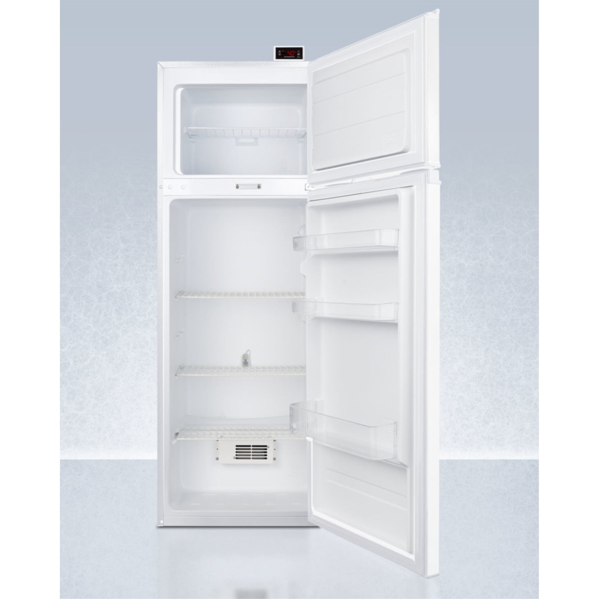General purpose refrigerator-freezer with front lock, digital controls, internal fan, NIST calibrated alarm/thermometer, and 2-8C refrigerator section