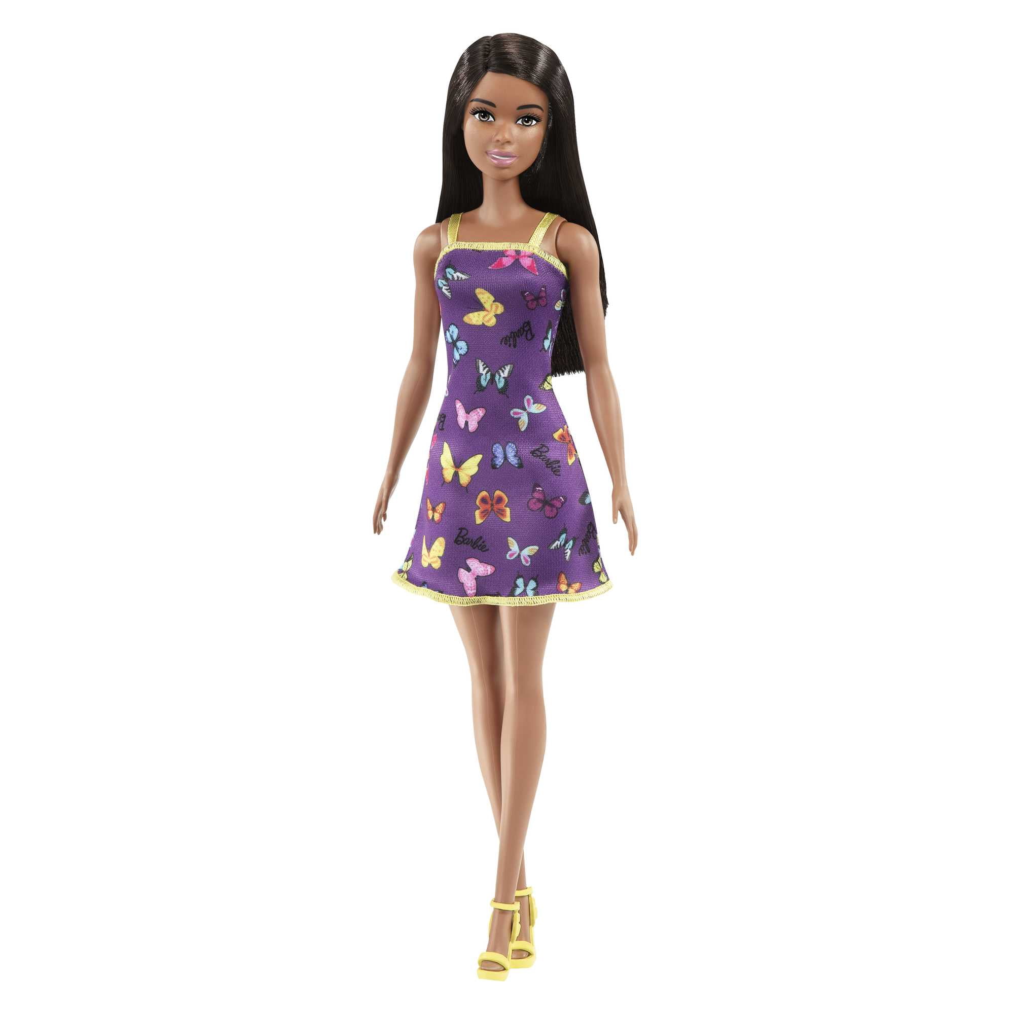 Barbie Fashion Doll with Black Hair Dressed in Colorful Butterfly Print Dress & Strappy Heels, 11 in