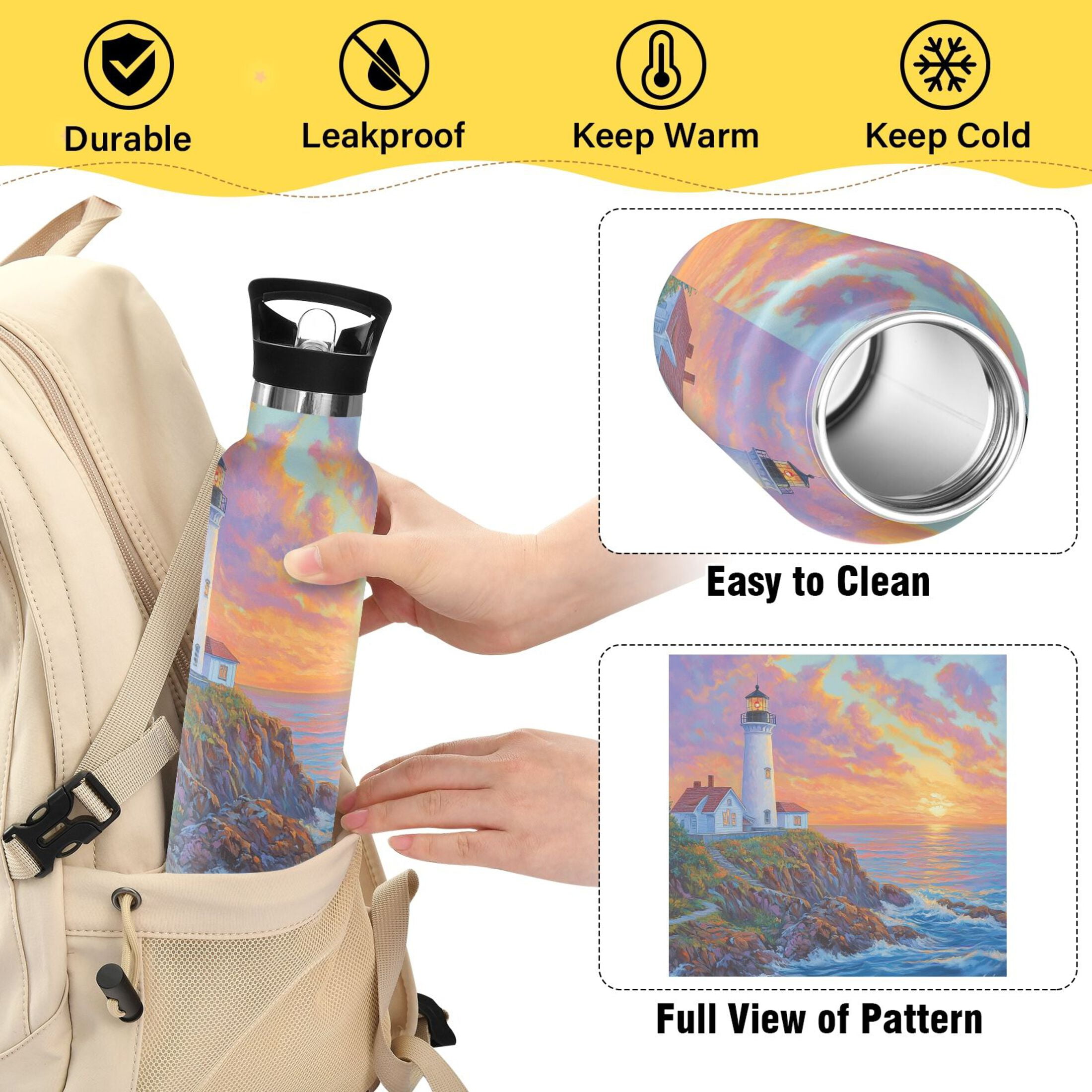600ML Stainless Steel Insulated Cup Sports Water Bottle Portable Thermos Cup Water Glasses Insulated Tumblers Convenient and Durable Lighthouse by The Sea