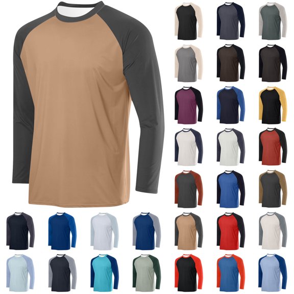 Lightweight Workoushirts Gym Tee Men's Breathable Solid Color Sport Raglan Long Sleeves Round Neck Shirt Coffee Xl