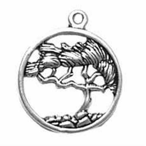 Sterling Silver 20" 1.2mm Box Chain Cypress Tree In Circle Pendant Necklace