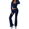 thumbnail image 2 of Women'S Workout 2 Piece Lounge Sets Long Sleeve Tops Foldover Flare Pants Casual Outfits Tracksuit Navy Blue XS, 2 of 7