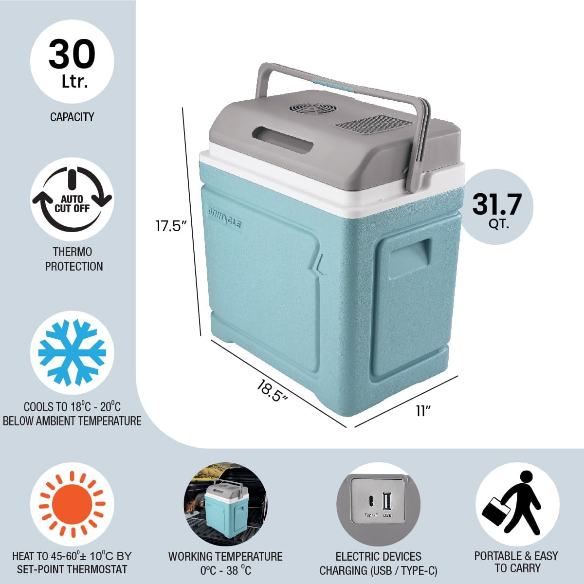 Pinnacle Thermoware 30 L Electric Portable Coolbox 12V Travel Cooler with Adapter – Blue