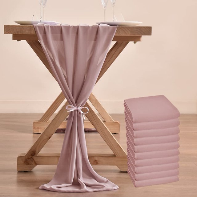 10pcs Chiffon Table Runner Bulk 29x120 Inches Rustic Wedding Table Runner for Bridal Shower Wedding Party,10 Pieces,Dusty Rose