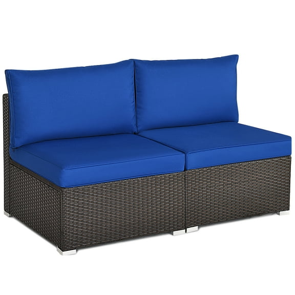 Patiojoy 2-Piece Outdoor Wicker Rattan Sectional Armless Sofa Chair w/ Blue Cushions