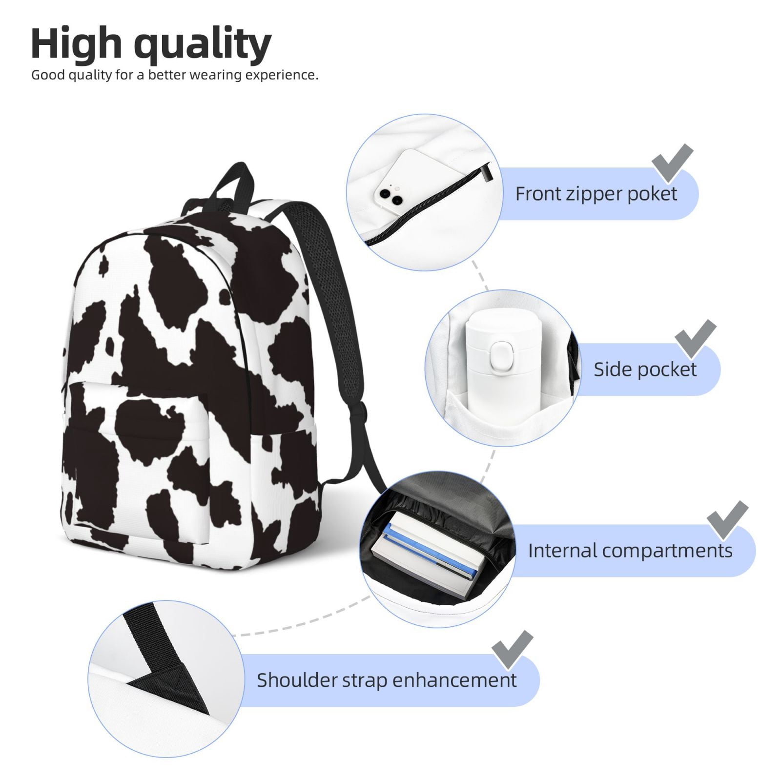 Ratiio Cow Skin 2 Print Canvas Backpack for Women & Men Retro Aesthetic Rucksack Basic Backpack for High School/College Students Travel Laptop Bag