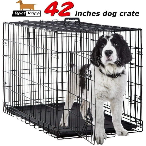 BestPet Large Dog Crate Dog Cage Kennel Metal Wire Double-Door Folding Pet Animal Pet Cage, Plastic Tray and Handle, Black
