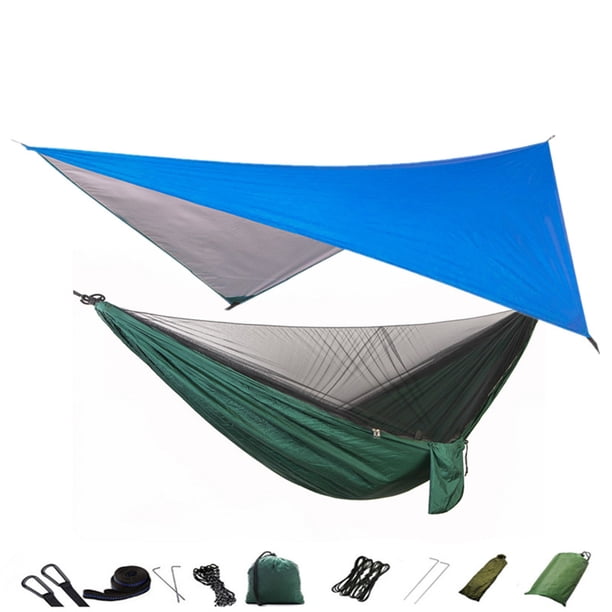 Hamaca para acampar, mosquitera y dosel para hamaca, hamaca portátil de nailon, correas para árbol con mosca para la lluvia, para senderismo, Camping, viajes de supervivencia