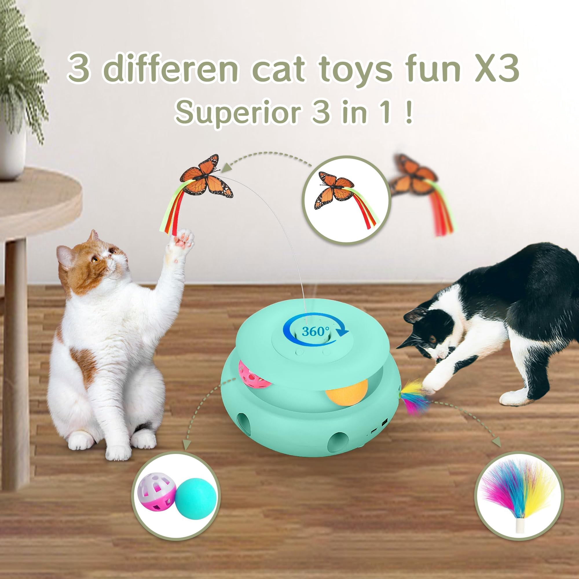 Cat Toys 3-in-1 Interactive For Indoor Cats Rechargeable Automatic With Fluttering Butterfly Smart Sensor 6 Holes Mice Whack-a-mole And Track Balls Blue