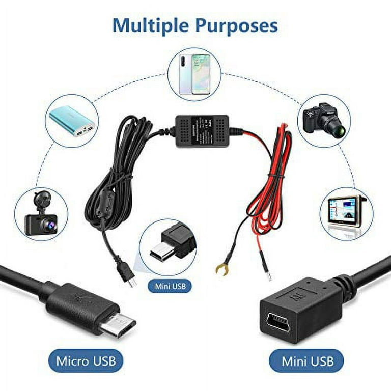 Dash Cam Hardwire Kit, Mini/Micro USB Hard Wire Kit 12V-24V to 5V Hardwire  Kit with Low Voltage Protection 13ft Car Dash Camera Charger Power Cord for  Dashcam GPS Power Supply Radar Detector 