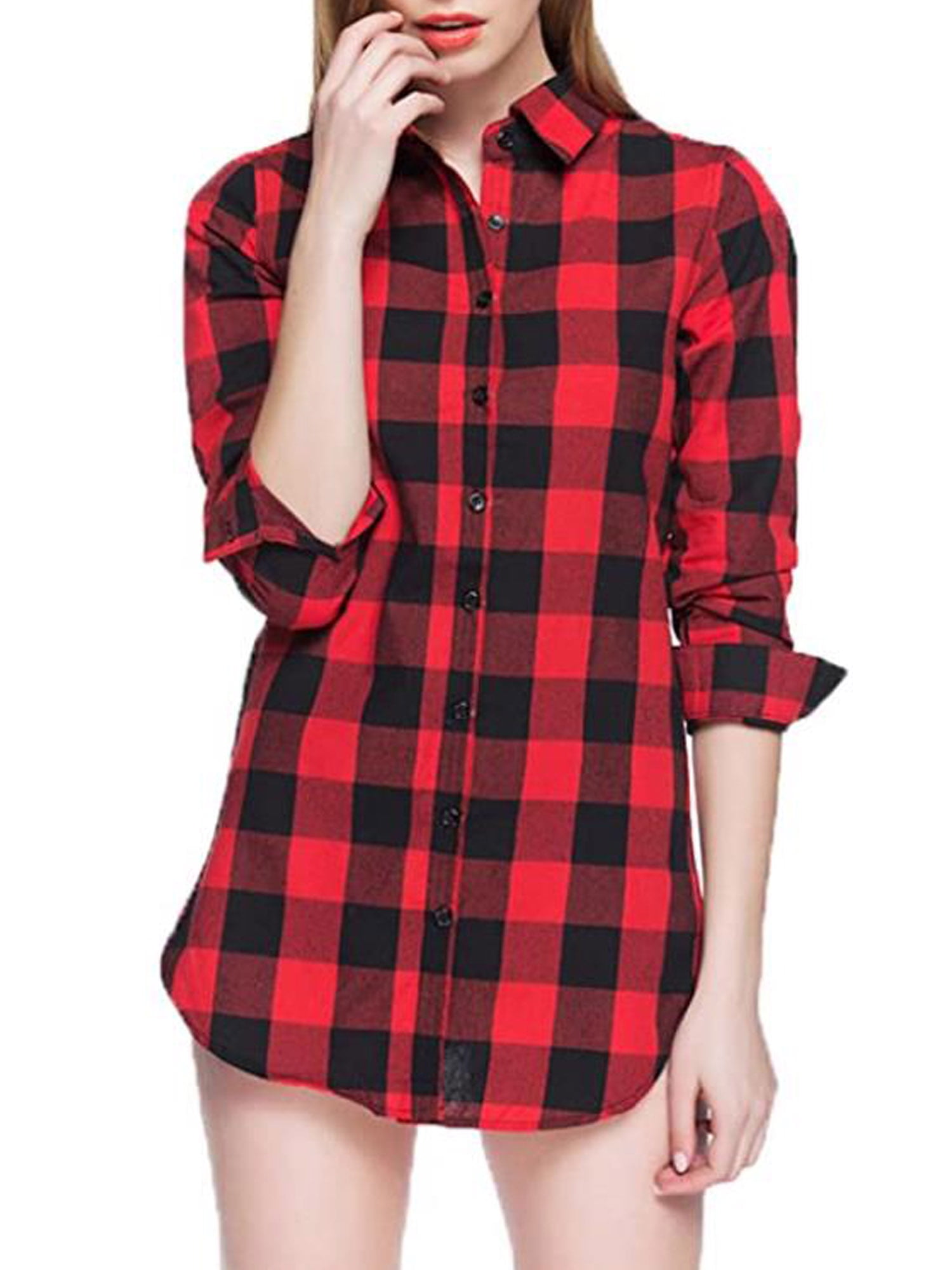 FOCUSNORM Women's Checkered Plaid Button Down Shirt Top with Roll Up Sleeves