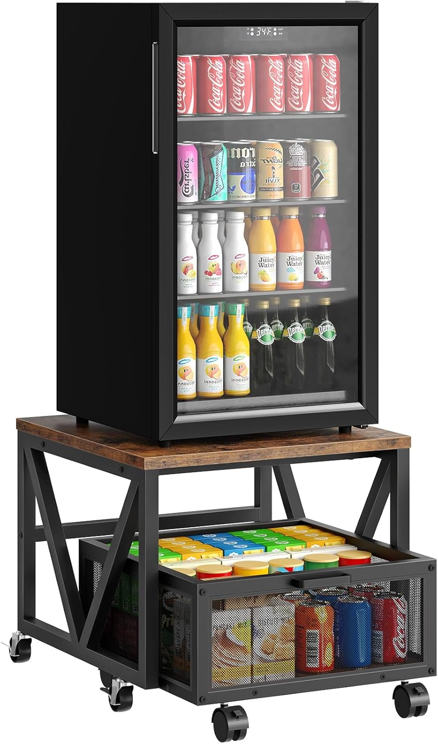 Mini Fridge Stand with Movable Storage Basket and Wheels, Sturdy Metal Frame for Home Office Dorm Rustic Brown Black