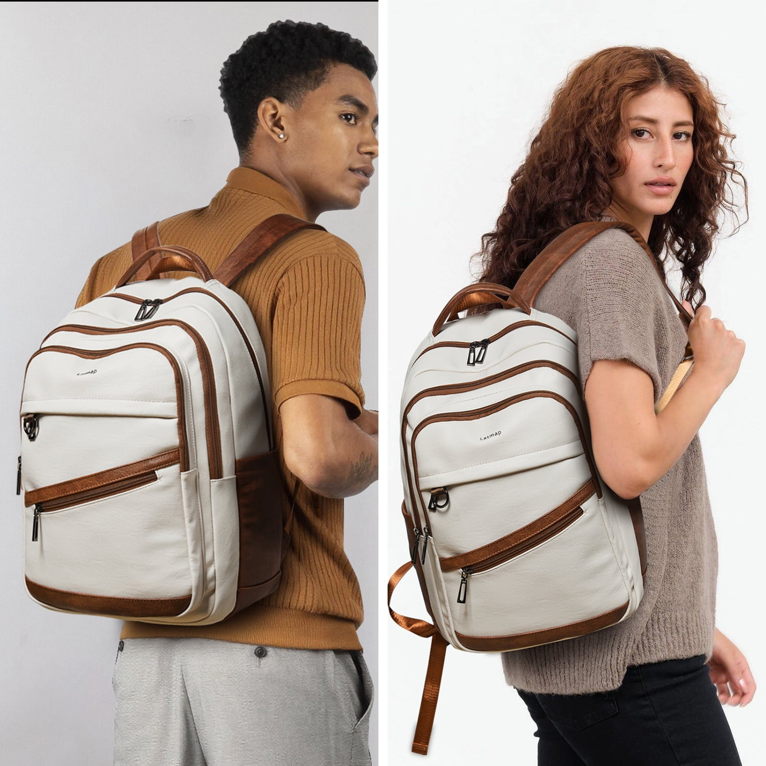 43L Vegan Leather Backpack for Women & Men, Travel Carry On Backpack, College Bookbag, Work Laptop Backpack fits 17 inch Laptop，Beige