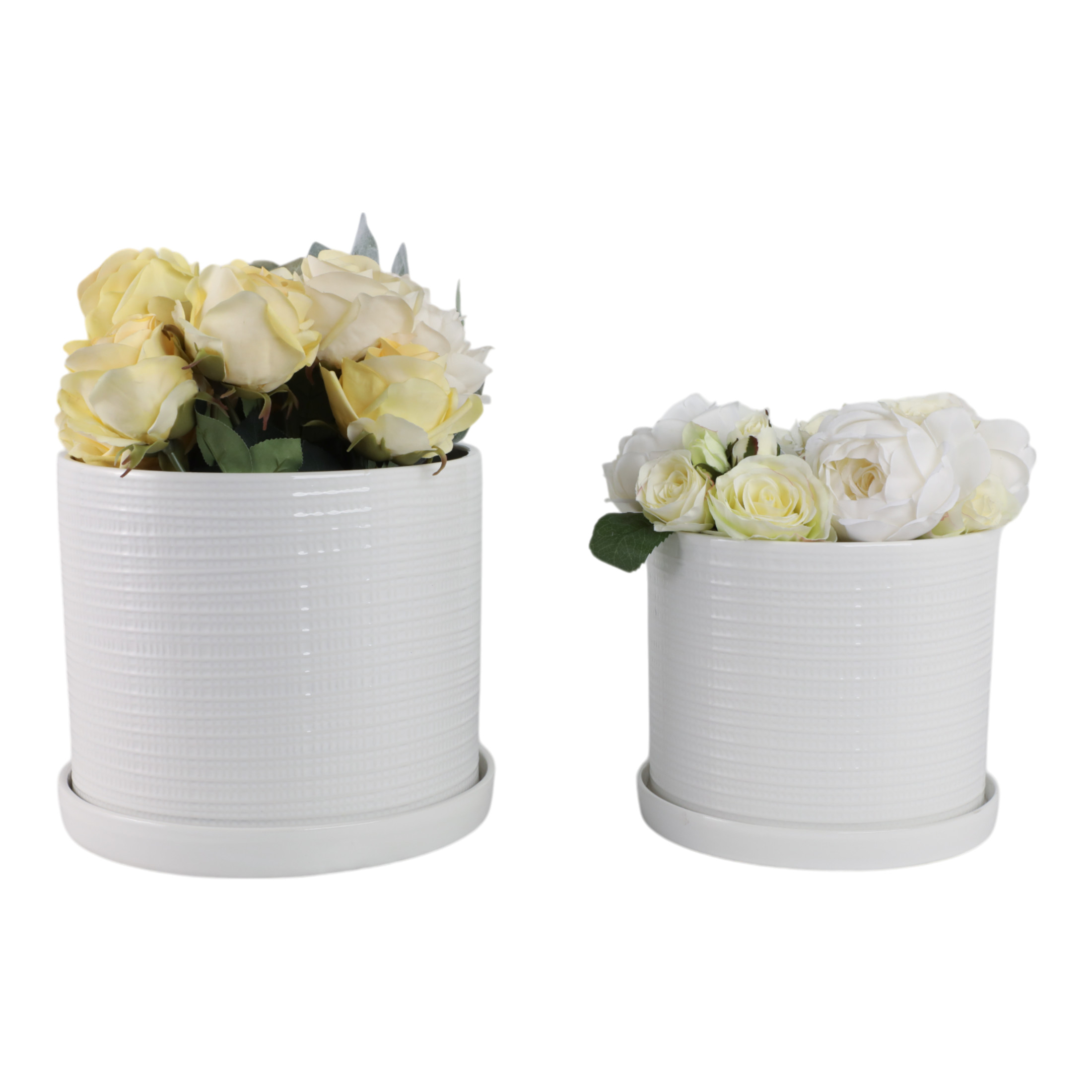 Ribbed Accent Garden Saucer Planters for Home Decor - Ceramic Indoor and Outdoor Flower Pots with Textured Design - Garden Display with Drainage for Home and Patio Styling - Set of 2, 10", 9", White