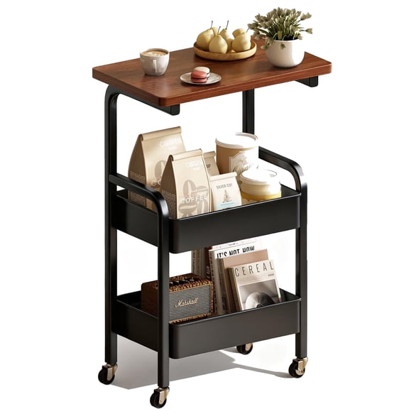 Sentryse 3 Tier Rolling Cart, Metal Rolling Utility Storage Carts with 2 Lockable Wheels, Craft Cart Organizer with Thickened Mesh Basket for Bedside Kitchen Office Art, Black