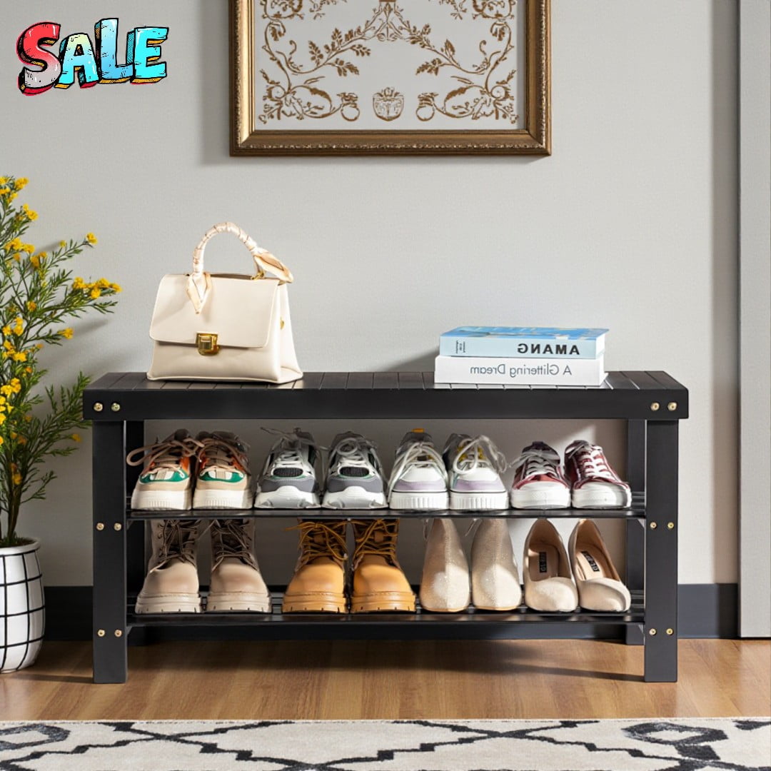 Tcbosik 35.43" Bamboo Bench, Modern 3-Tier Entryway Seat w/ Open Shelves, Easy Assembly, Black