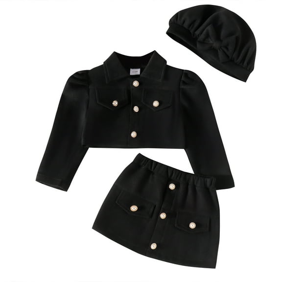 FAOWME Toddler Kids Baby Girls Long Sleeve Jacket Coat T-Shirt Tops Bow Button Skirts 3PCS Outfits Clothes Set Black 2-3 Years