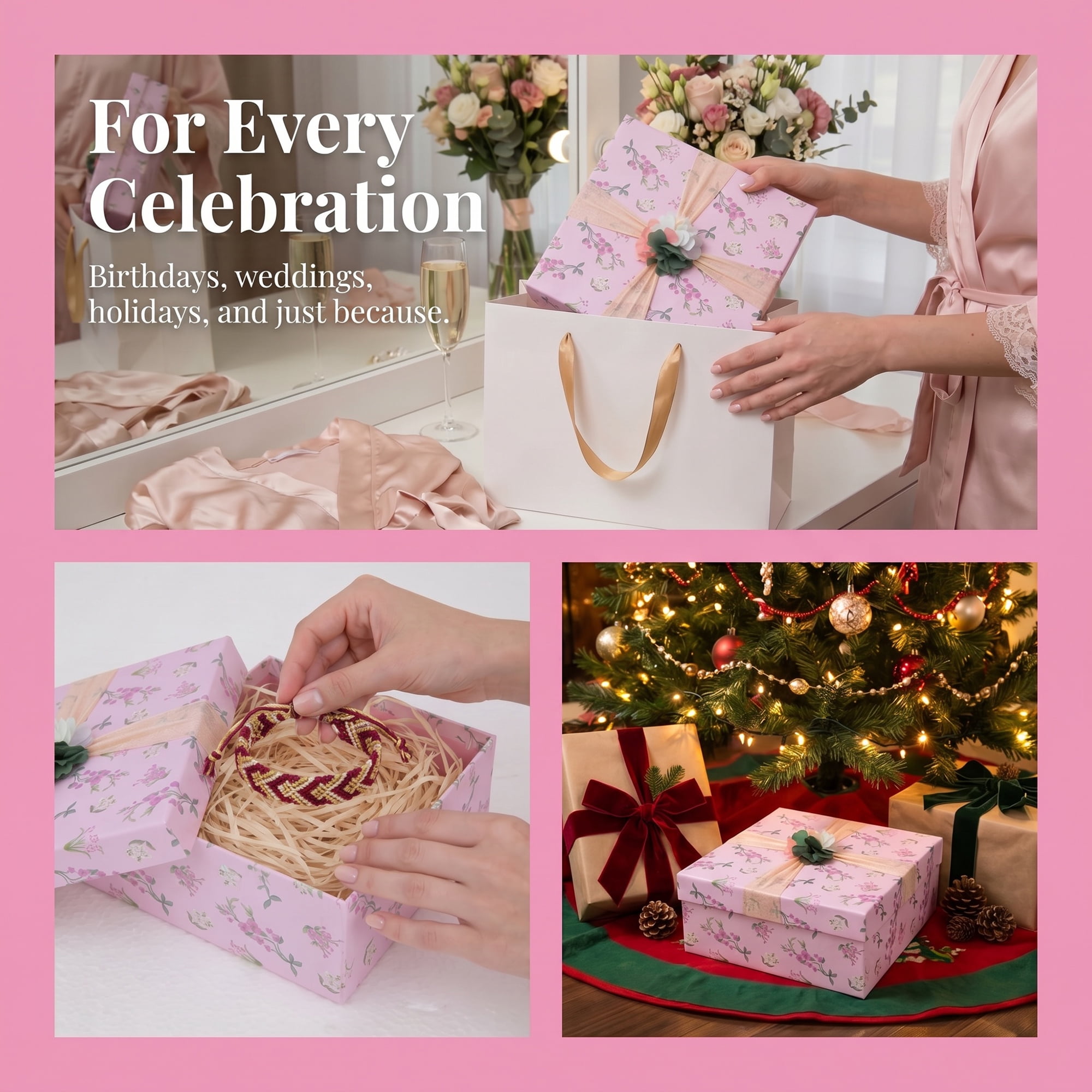 Unique Bargains Elegant Rigid Present Gift Box with Printed Ribbon Pink 7.5"x7.5"x3.1"