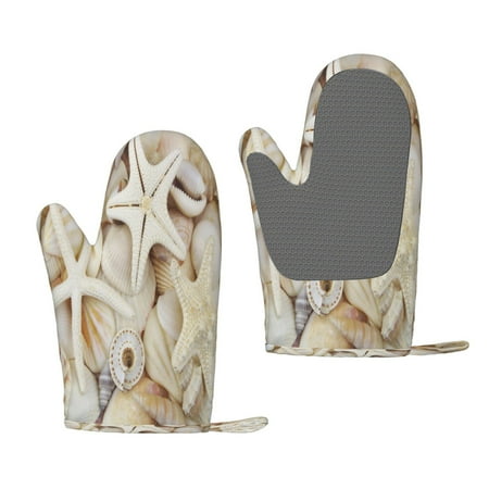 

Hirioo Starfishes On Seashells for Silicone Oven Mitts for BBQ Baking Cooking Set of 2 Heat Resistant 260℃ Non-Slip Kitchen Essentials