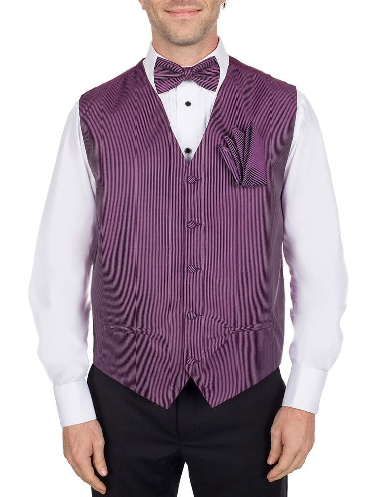 Men's Solid Fomal Vest, Bow Tie, & Hanky Purple for Tuxedo and Suit