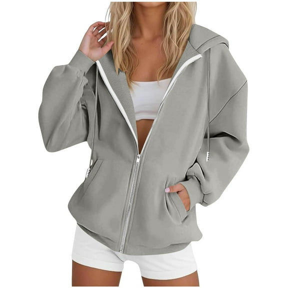 Warm Hoodies For Women Solid Color With Pockets Zipper Long Sleeved Regular Hooded Outwear Gray Sweatshirts Fall Outfits Winter Clothes 2025 ( S )