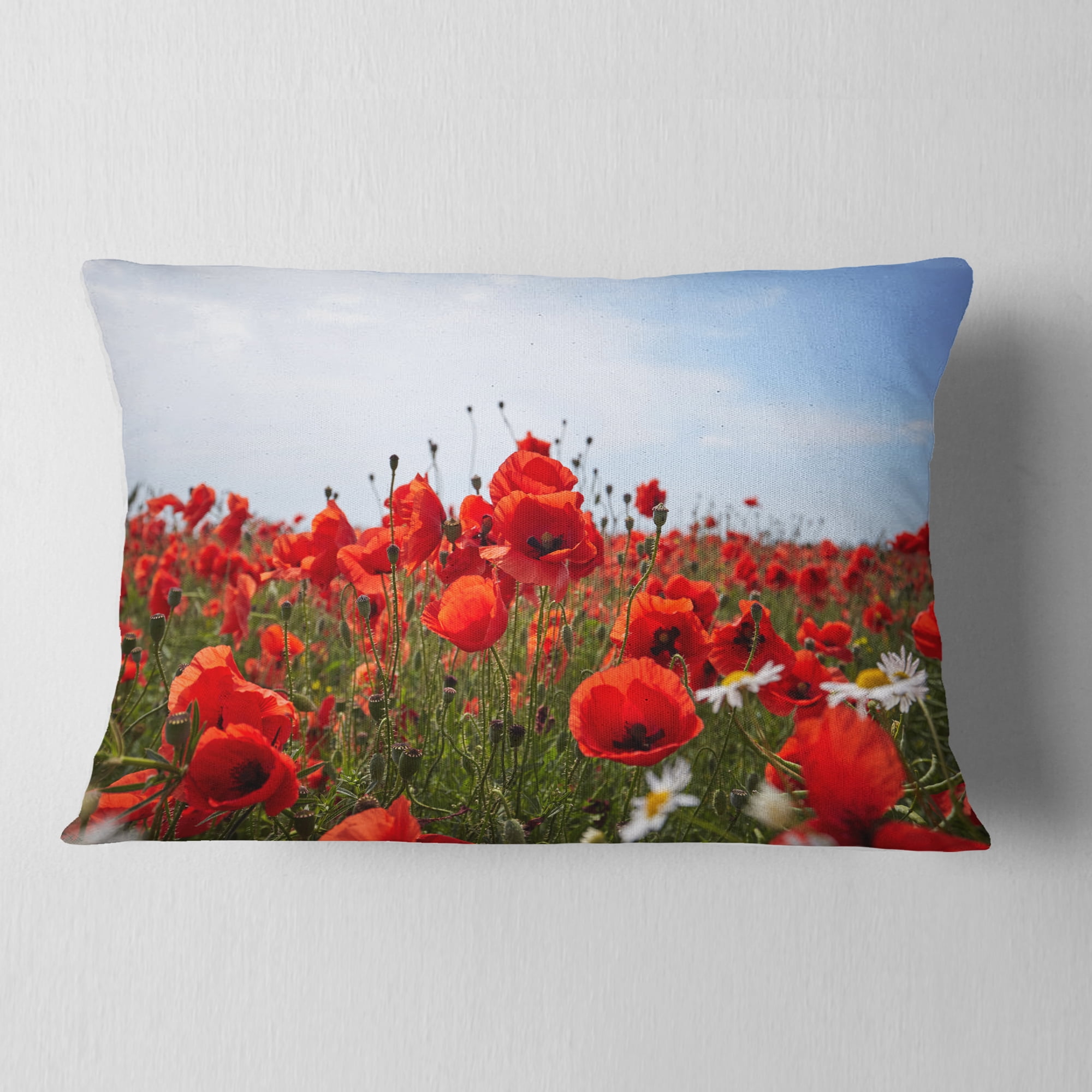 Designart Red Poppies under Bright Blue Sky - Flower Throw Pillow - 12x20