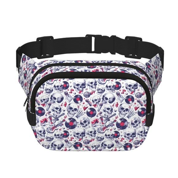 Saiise Sac Banane à Double Compartiment Motif Crâne de Musique Sac de Taille Carré Réglable Mains Libres Ceinture de Course Randonnée Sécurité Voyage Bandoulière en Sergé