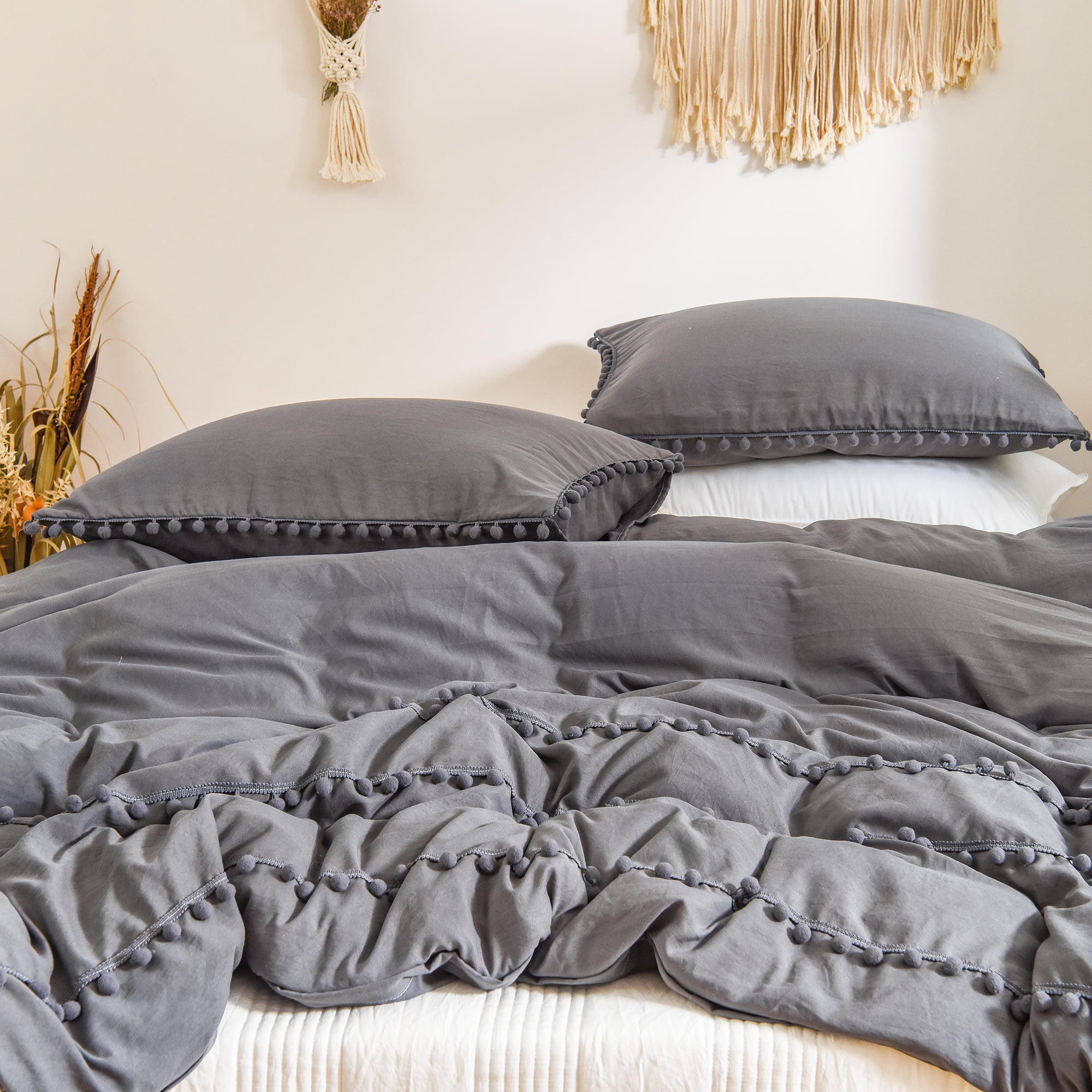 Move Over Light Grey Bedding Sets Queen Pom Poms Pattern 100% Washed  Microfiber Boho Gray Duvet Cover Set No Filling
