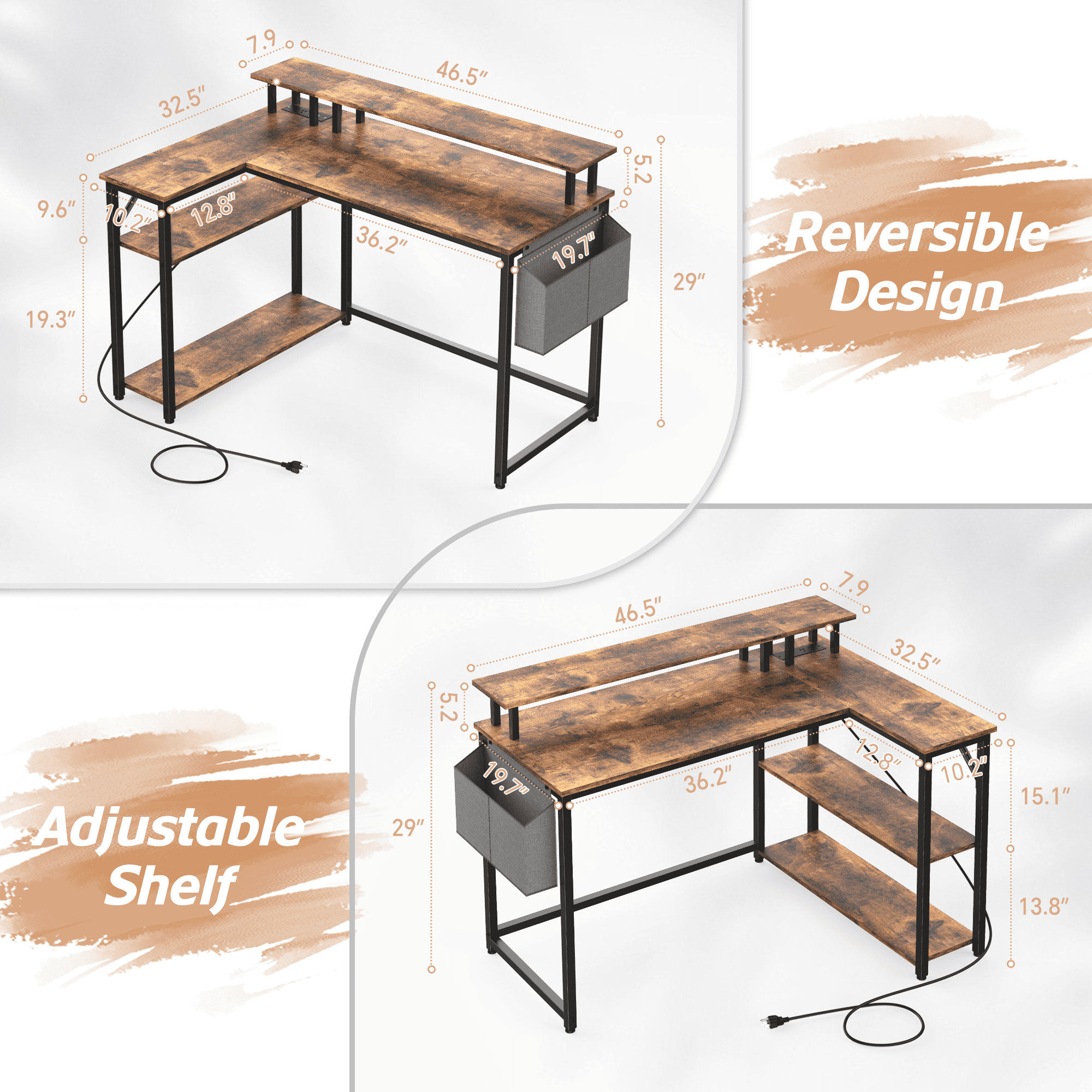 Mr IRONSTONE L-Shaped Desk with Power Outlets & Monitor Stand, 47 inch, Rustic Brown