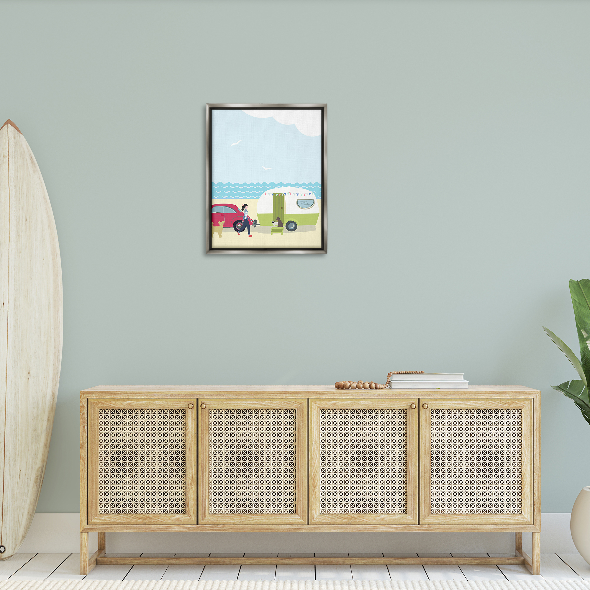 Stupell Industries Beach Day with Dogs Nautical & Beach Painting Gray Floater Framed Canvas Art Print Wall Art, 25 x 31