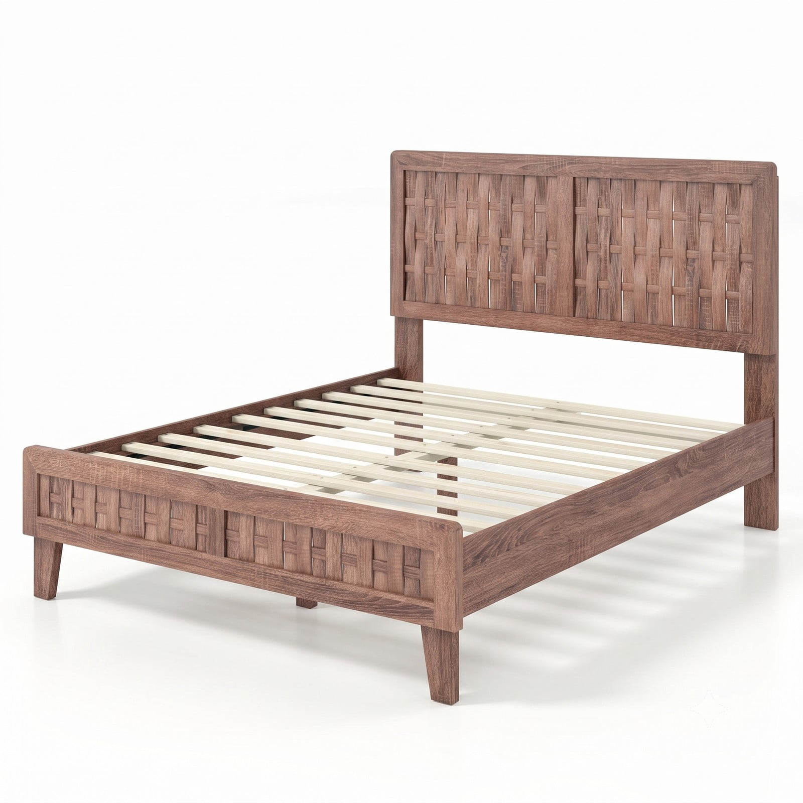 Furnibear Full Size Bed Frame Wood Platform Bed Frame with Woven Accent Headboard and Footboard and 12 Plywood Slats, Walnut